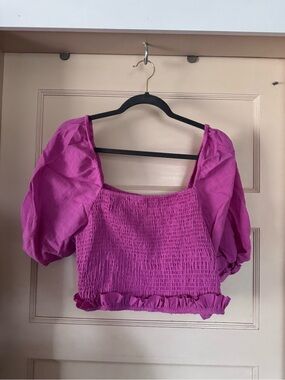 George Fuchsia Pink Smocked Puff-Sleeve Crop Top